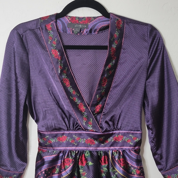 Beautiful Silky Purple and Red Mini Dress -- Floral & Swiss Dot - Picture 4 of 9